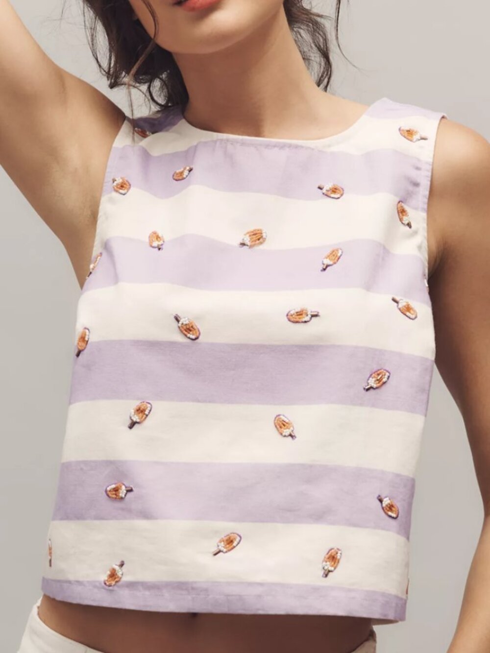 Anthropologie Maeve Icon Crop Cotton Tank Top Pastel Lilac Stripe Purple L